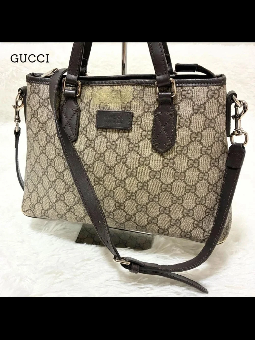 Gucci Beige & Brown GG Canvas Satchel with Leather Trim